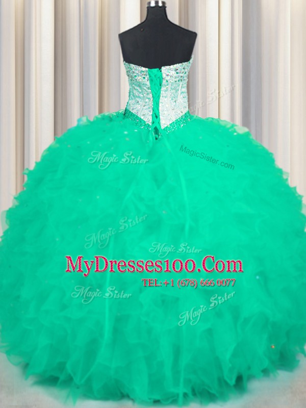 Turquoise Sleeveless Floor Length Beading and Ruffles Lace Up Ball Gown Prom Dress