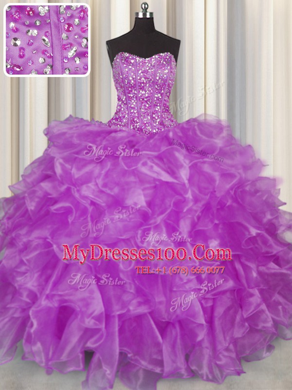 Visible Boning Purple Organza Lace Up Quinceanera Dresses Sleeveless Floor Length Beading and Ruffles