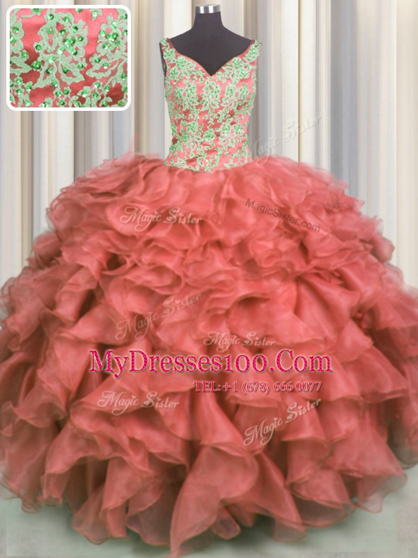 V Neck Beading and Ruffles Quince Ball Gowns Coral Red Lace Up Sleeveless High Low