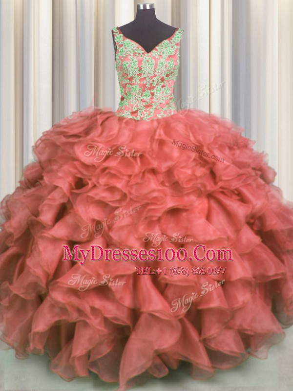 V Neck Beading and Ruffles Quince Ball Gowns Coral Red Lace Up Sleeveless High Low