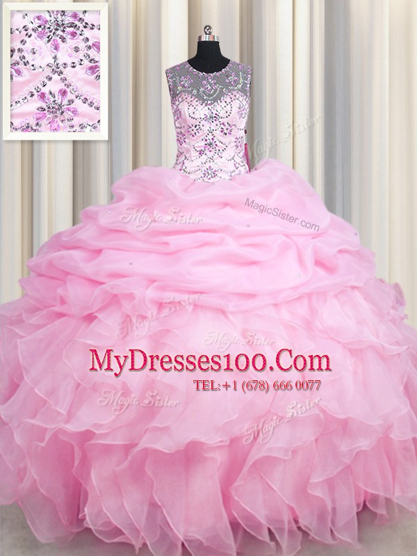 Suitable See Through Floor Length Lace Up 15th Birthday Dress Rose Pink for Military Ball and Sweet 16 and Quinceanera with Beading and Ruffles and Pick Ups