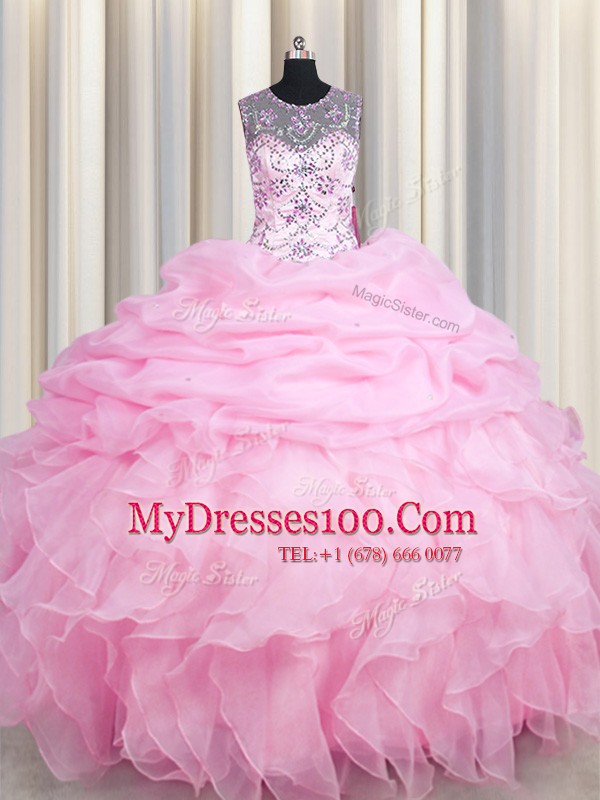 Suitable See Through Floor Length Lace Up 15th Birthday Dress Rose Pink for Military Ball and Sweet 16 and Quinceanera with Beading and Ruffles and Pick Ups