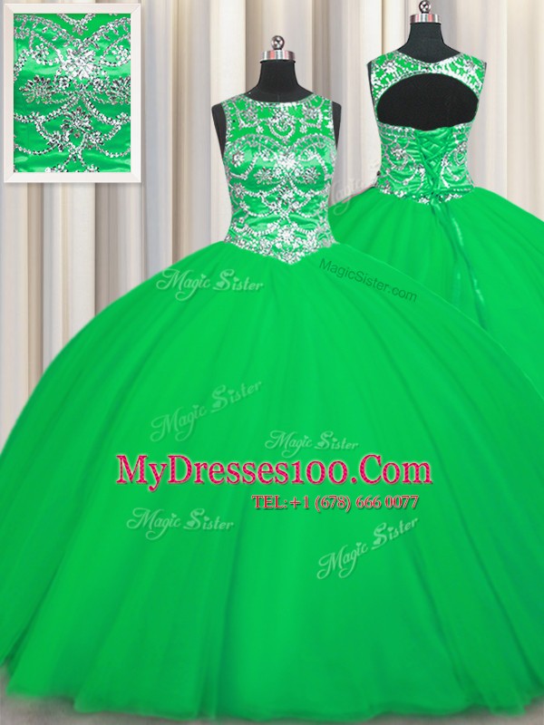 Glittering Scoop Sleeveless Tulle Floor Length Lace Up Sweet 16 Quinceanera Dress in Green with Beading