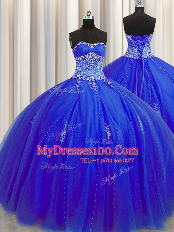 Eye-catching Puffy Skirt Floor Length Royal Blue Quinceanera Dresses Tulle Sleeveless Beading and Appliques