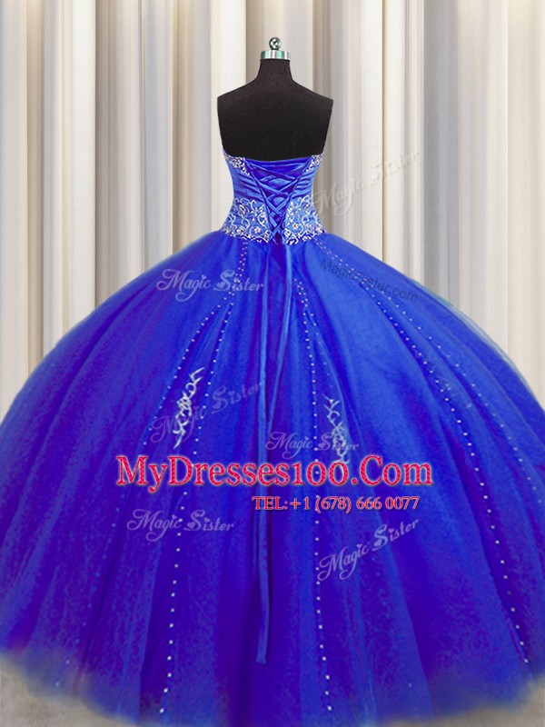 Eye-catching Puffy Skirt Floor Length Royal Blue Quinceanera Dresses Tulle Sleeveless Beading and Appliques