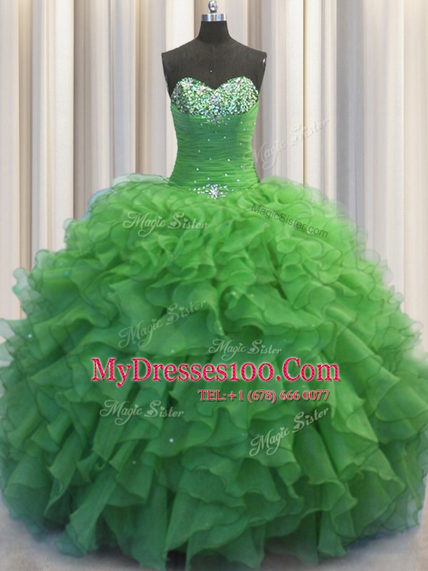 Shining Beaded Bust Sleeveless Floor Length Beading and Ruffles Lace Up Sweet 16 Dress with Green