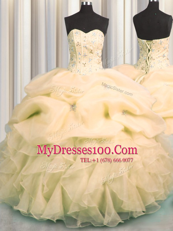 Visible Boning Organza Sweetheart Sleeveless Lace Up Beading and Ruffles and Pick Ups 15 Quinceanera Dress in Peach