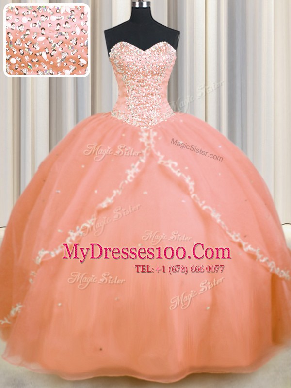 Modest Peach Sleeveless Brush Train Beading and Appliques With Train Quinceanera Dresses