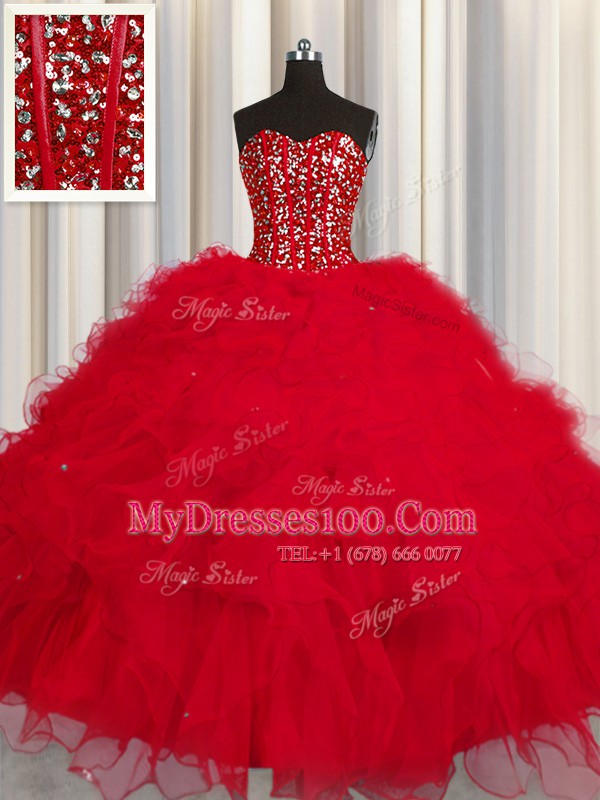 Edgy Visible Boning Floor Length Lace Up Quinceanera Dress Red for Military Ball and Sweet 16 and Quinceanera with Beading and Ruffles and Sequins