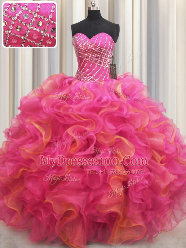 Comfortable Hot Pink Lace Up Quinceanera Dress Beading and Ruffles Sleeveless Floor Length