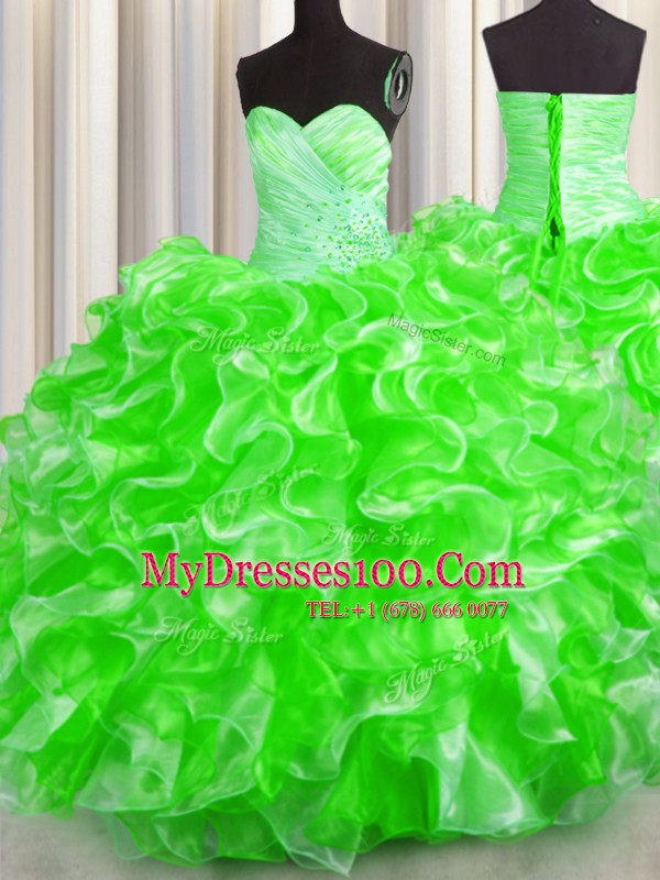 Ball Gowns Sweetheart Sleeveless Organza Floor Length Lace Up Beading and Ruffles 15 Quinceanera Dress