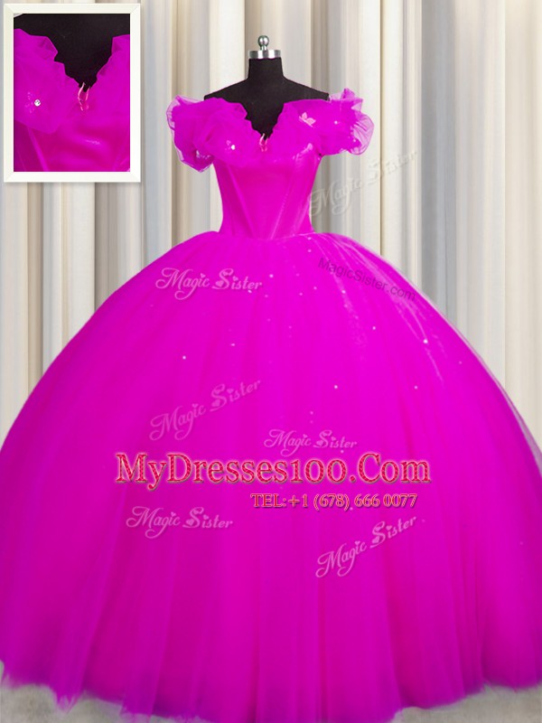 Off The Shoulder Short Sleeves Court Train Lace Up 15 Quinceanera Dress Fuchsia Tulle