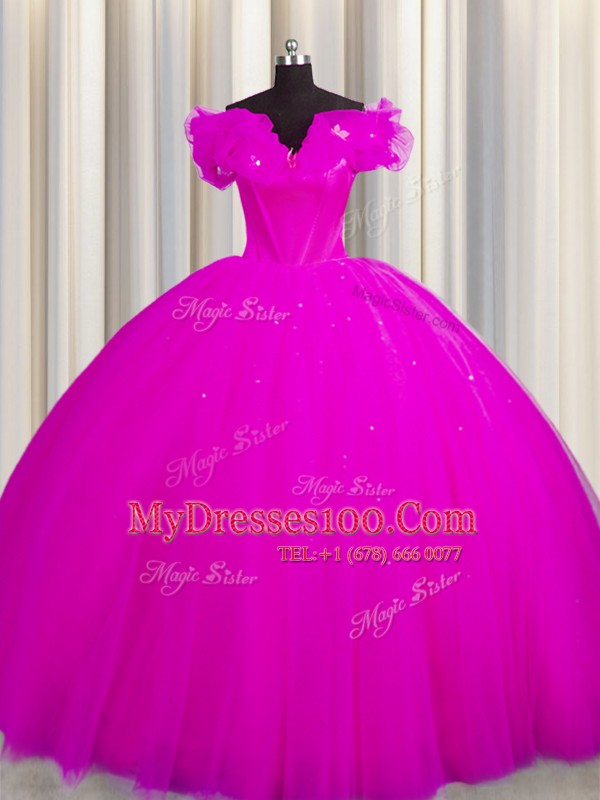 Off The Shoulder Short Sleeves Court Train Lace Up 15 Quinceanera Dress Fuchsia Tulle