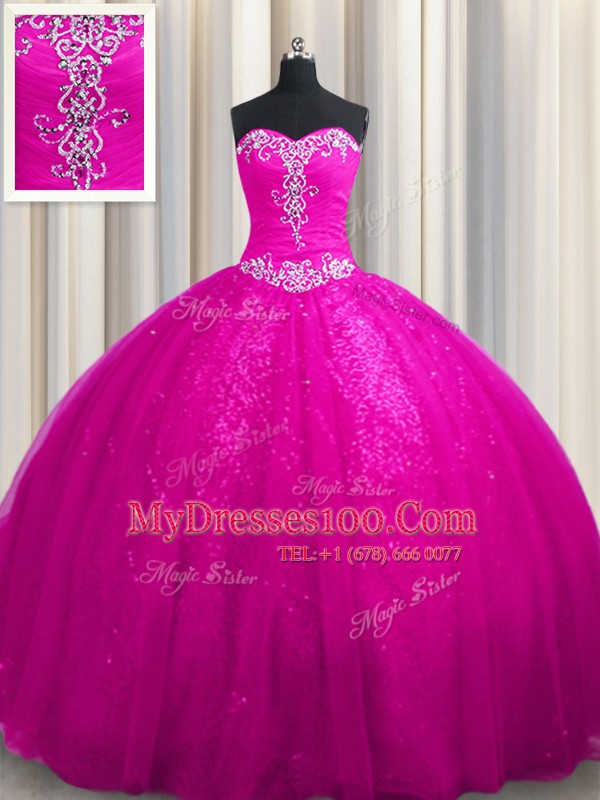 Court Train Sequined Fuchsia Sleeveless With Train Beading and Appliques Lace Up Sweet 16 Quinceanera Dress