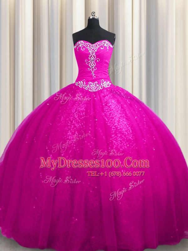 Court Train Sequined Fuchsia Sleeveless With Train Beading and Appliques Lace Up Sweet 16 Quinceanera Dress