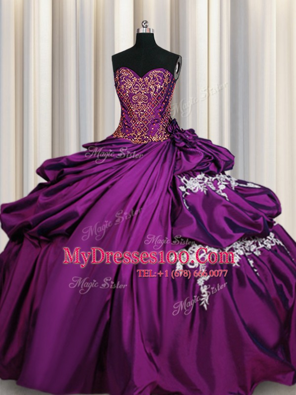 Pretty Purple Ball Gowns Beading and Appliques Sweet 16 Dresses Lace Up Taffeta Sleeveless Floor Length