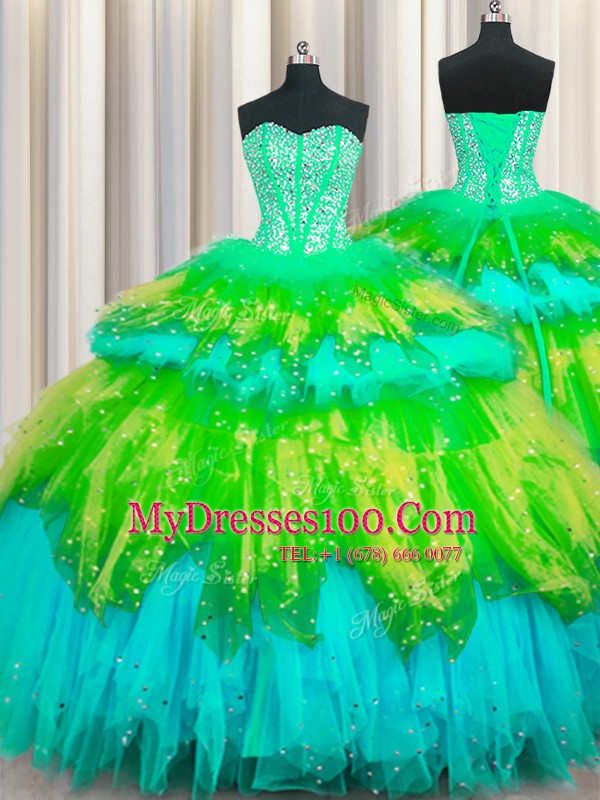 Bling-bling Visible Boning Multi-color Sweetheart Neckline Beading and Ruffles and Ruffled Layers and Sequins 15 Quinceanera Dress Sleeveless Lace Up