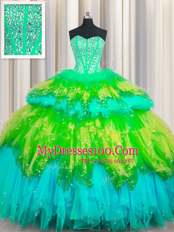 Bling-bling Visible Boning Multi-color Sweetheart Neckline Beading and Ruffles and Ruffled Layers and Sequins 15 Quinceanera Dress Sleeveless Lace Up