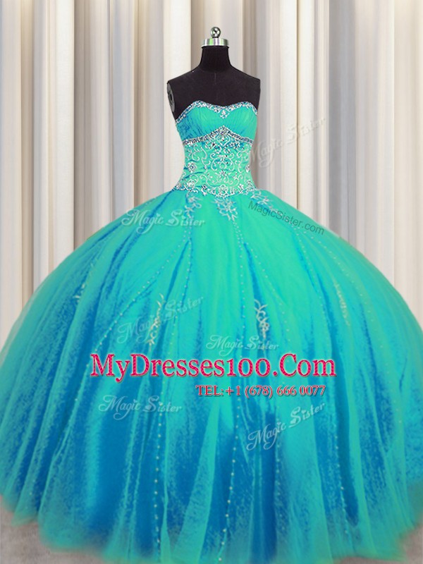 Glamorous Big Puffy Floor Length Aqua Blue Ball Gown Prom Dress Tulle Sleeveless Beading and Appliques