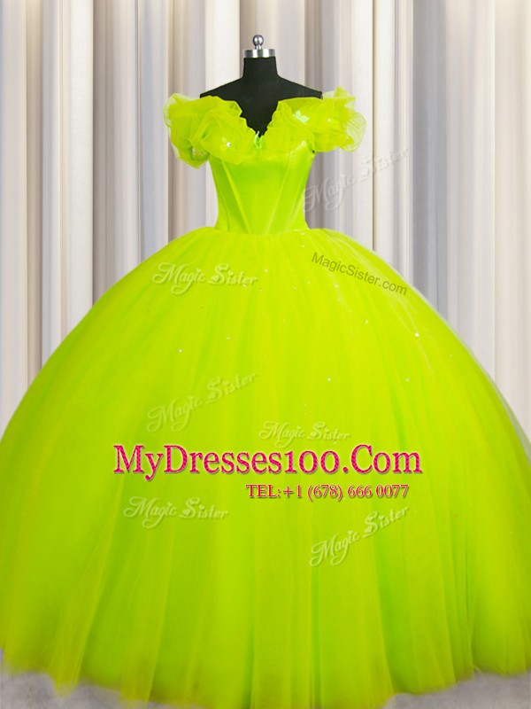 Great Off The Shoulder Yellow Green Short Sleeves With Train Ruching Lace Up Quince Ball Gowns