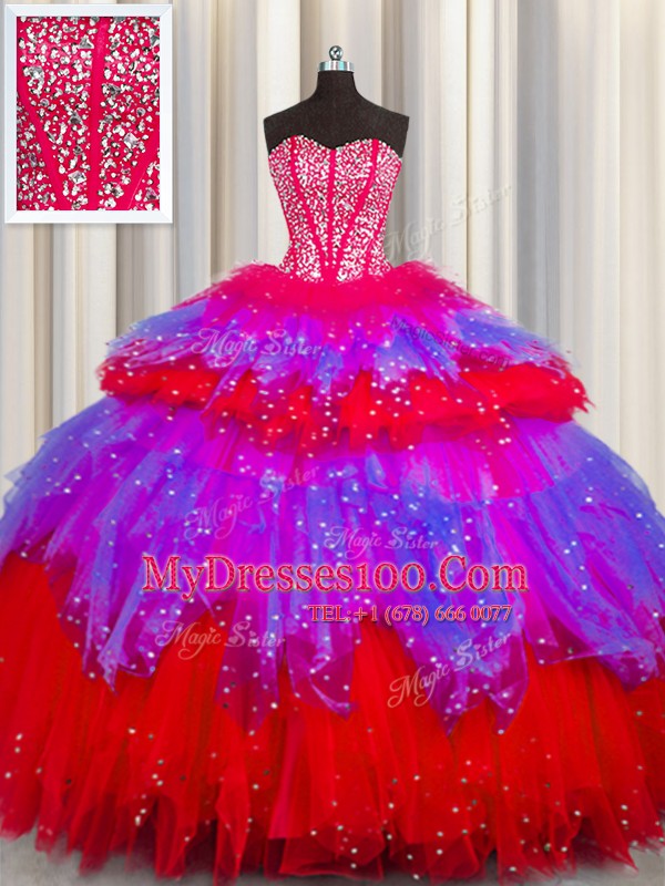 Bling-bling Visible Boning Multi-color Ball Gowns Beading and Ruffles and Ruffled Layers and Sequins Sweet 16 Dress Lace Up Tulle Sleeveless Floor Length