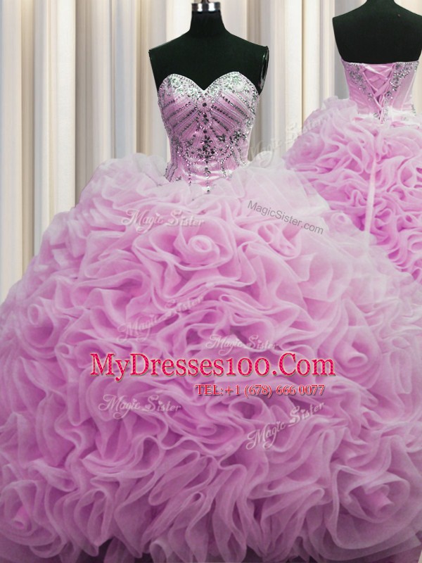 Custom Design Brush Train Lilac Ball Gowns Beading and Pick Ups Quinceanera Gowns Lace Up Fabric With Rolling Flowers Sleeveless