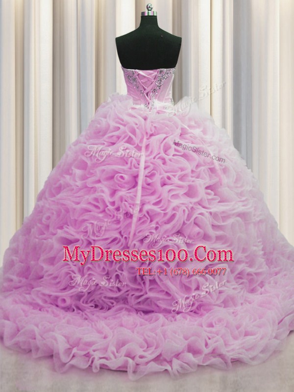 Custom Design Brush Train Lilac Ball Gowns Beading and Pick Ups Quinceanera Gowns Lace Up Fabric With Rolling Flowers Sleeveless