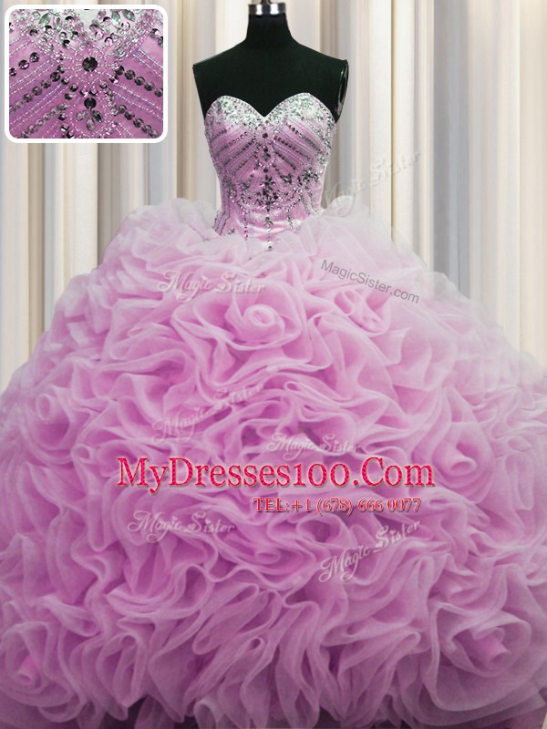 Custom Design Brush Train Lilac Ball Gowns Beading and Pick Ups Quinceanera Gowns Lace Up Fabric With Rolling Flowers Sleeveless