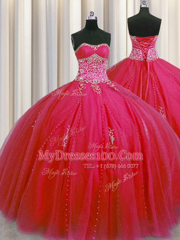 Adorable Big Puffy Sleeveless Floor Length Beading and Appliques Lace Up Quinceanera Dresses with Red