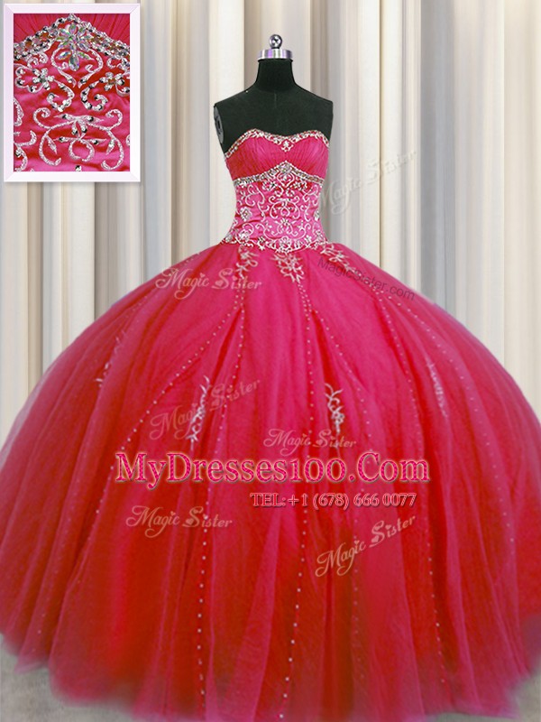 Adorable Big Puffy Sleeveless Floor Length Beading and Appliques Lace Up Quinceanera Dresses with Red