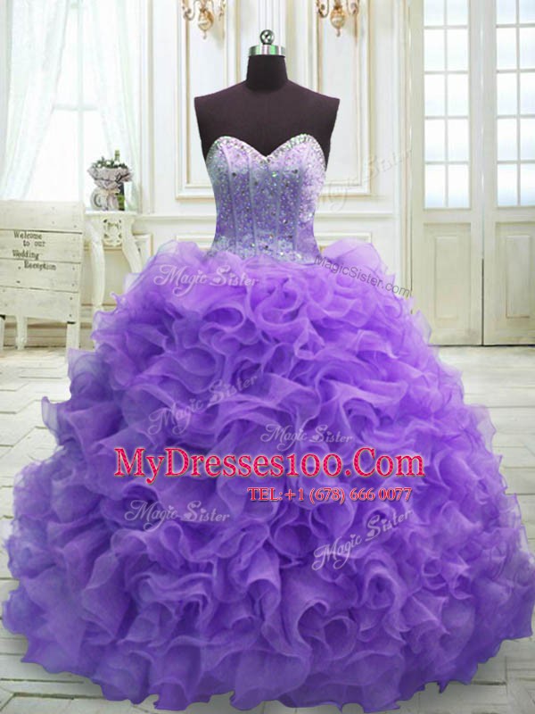 Ideal Purple Lace Up 15th Birthday Dress Beading and Ruffles Sleeveless Sweep Train