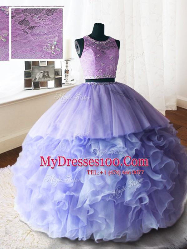 Stunning Scoop Lavender Sleeveless Organza and Tulle and Lace Brush Train Zipper Vestidos de Quinceanera for Military Ball and Sweet 16 and Quinceanera