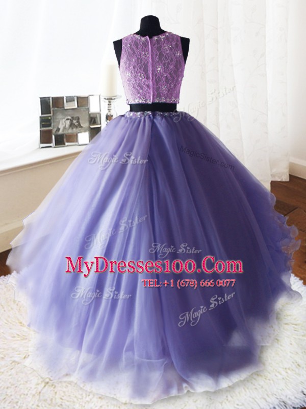 Stunning Scoop Lavender Sleeveless Organza and Tulle and Lace Brush Train Zipper Vestidos de Quinceanera for Military Ball and Sweet 16 and Quinceanera