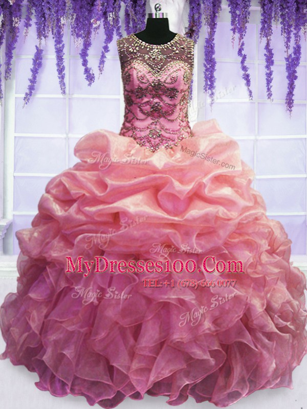 Suitable Baby Pink Scoop Lace Up Beading and Pick Ups Quinceanera Gown Sleeveless