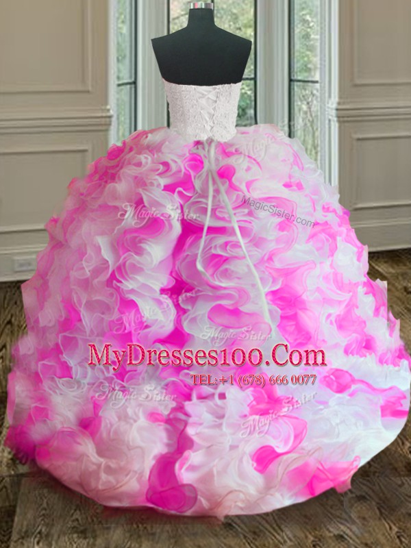 Pink And White Organza Lace Up Ball Gown Prom Dress Sleeveless Floor Length Beading and Ruffles