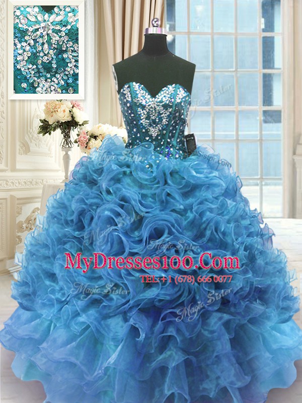 Simple Ball Gowns Ball Gown Prom Dress Blue Sweetheart Organza Sleeveless Floor Length Lace Up