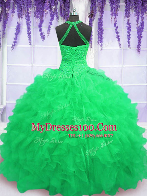 Ball Gowns Organza High-neck Sleeveless Beading and Ruffles Floor Length Lace Up Vestidos de Quinceanera