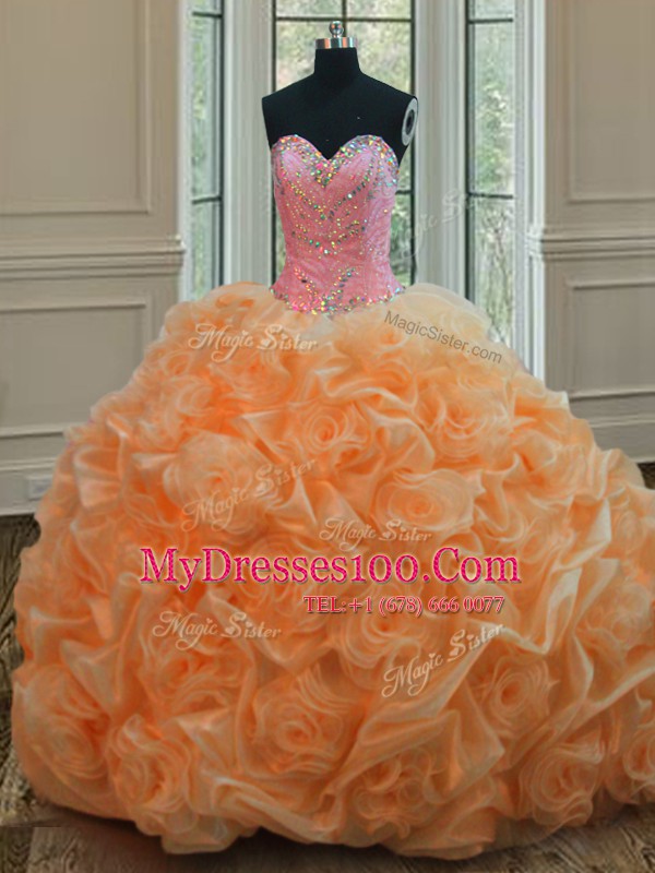 Orange Ball Gowns Sweetheart Sleeveless Organza Floor Length Lace Up Beading Quinceanera Gowns