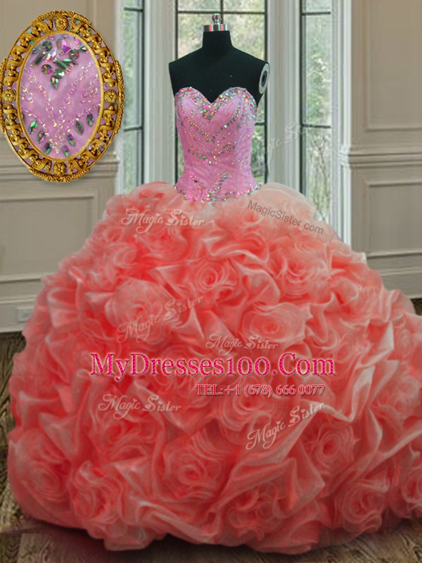 Pick Ups Sweetheart Sleeveless Sweep Train Lace Up Quinceanera Dresses Watermelon Red Organza