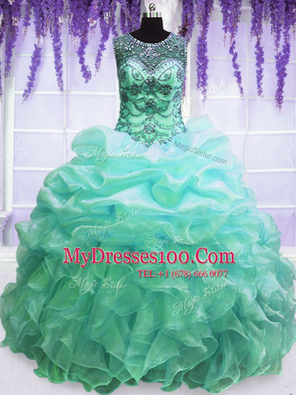 Excellent Scoop Turquoise Ball Gowns Beading and Pick Ups Sweet 16 Quinceanera Dress Lace Up Organza Sleeveless Floor Length