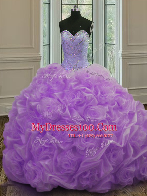 Lavender Sleeveless Organza Sweep Train Lace Up 15th Birthday Dress for Military Ball and Sweet 16 and Quinceanera