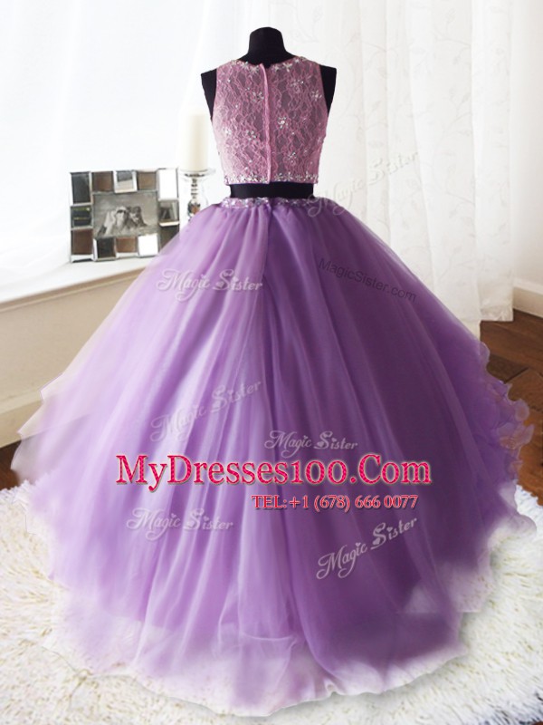 Custom Designed Lilac Ball Gowns Scoop Sleeveless Organza and Tulle and Lace With Brush Train Zipper Beading and Lace and Ruffles Quinceanera Dress