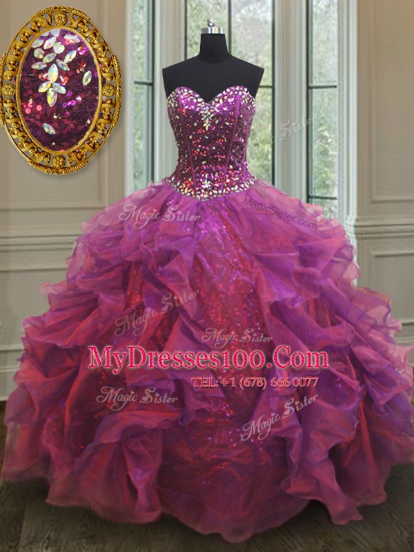 Amazing Purple Sleeveless Organza and Sequined Lace Up Quinceanera Gown for Military Ball and Sweet 16 and Quinceanera