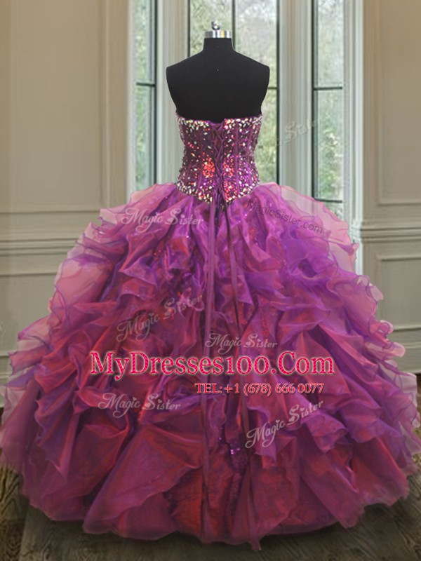 Amazing Purple Sleeveless Organza and Sequined Lace Up Quinceanera Gown for Military Ball and Sweet 16 and Quinceanera