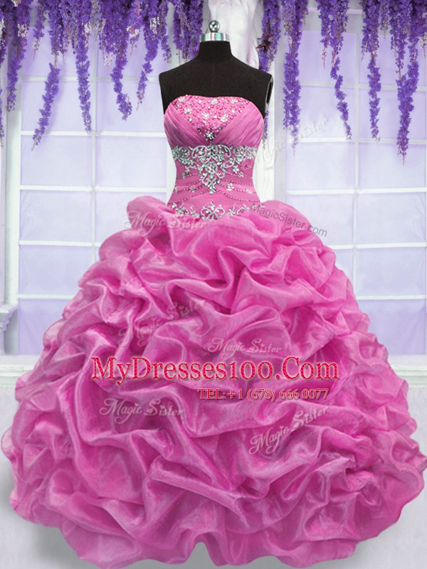 Suitable Strapless Sleeveless Quinceanera Gowns Floor Length Beading Rose Pink Organza