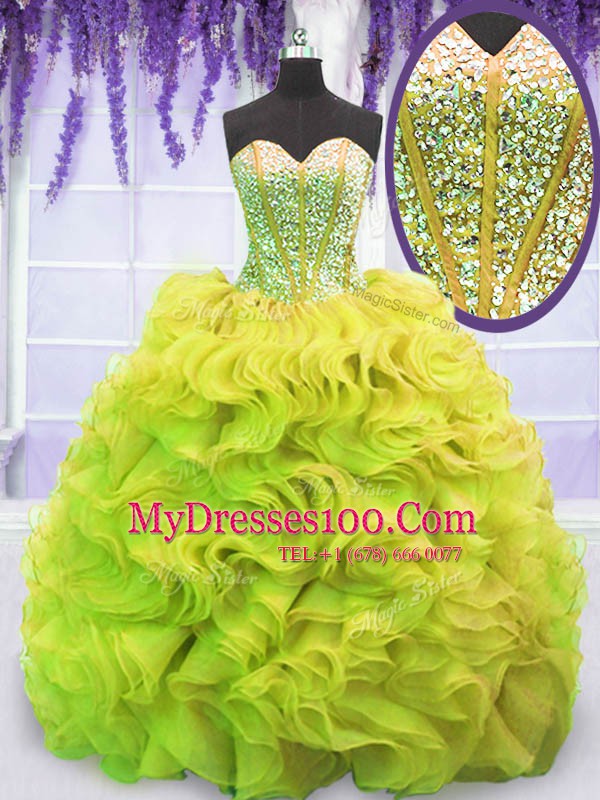 Yellow Green Lace Up Quinceanera Dresses Beading and Ruffles Sleeveless Sweep Train