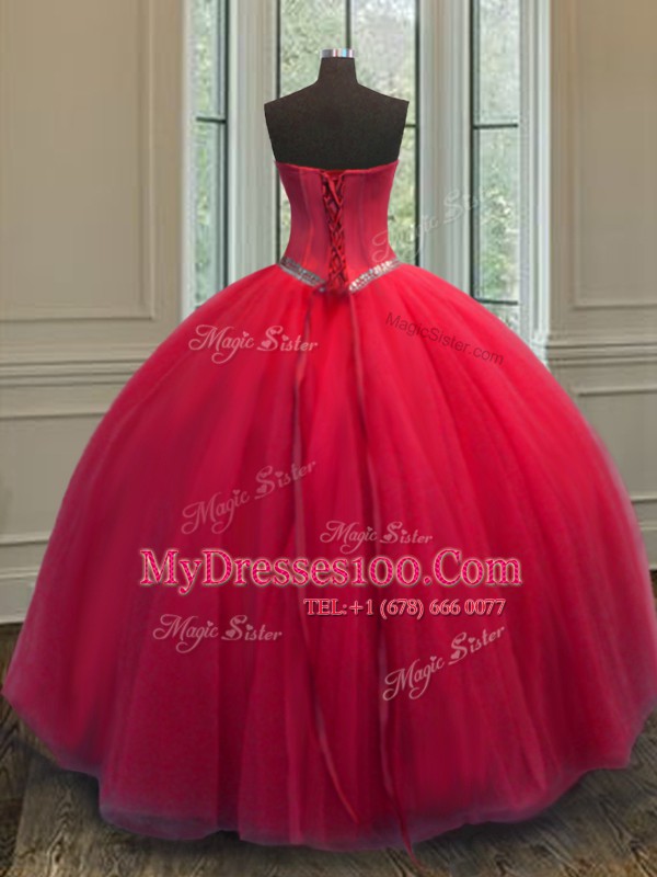 Pretty Sleeveless Floor Length Beading Lace Up Quinceanera Dresses with Red