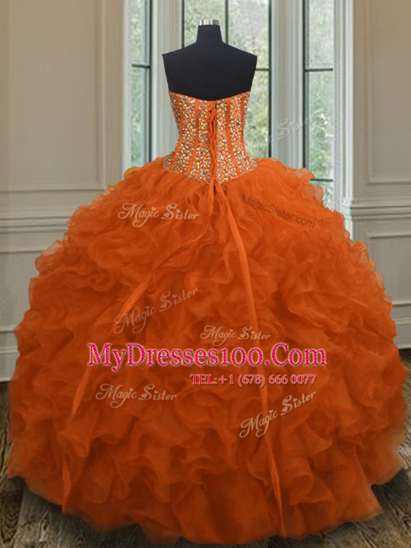 Custom Designed Orange Red Sleeveless Floor Length Beading and Ruffles Lace Up Quinceanera Gowns