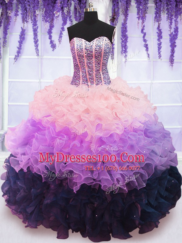 Colorful Sweetheart Sleeveless 15 Quinceanera Dress Floor Length Beading and Ruffles and Ruffled Layers Multi-color Organza