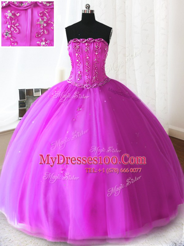 Graceful Fuchsia Lace Up Vestidos de Quinceanera Beading and Appliques Sleeveless Floor Length